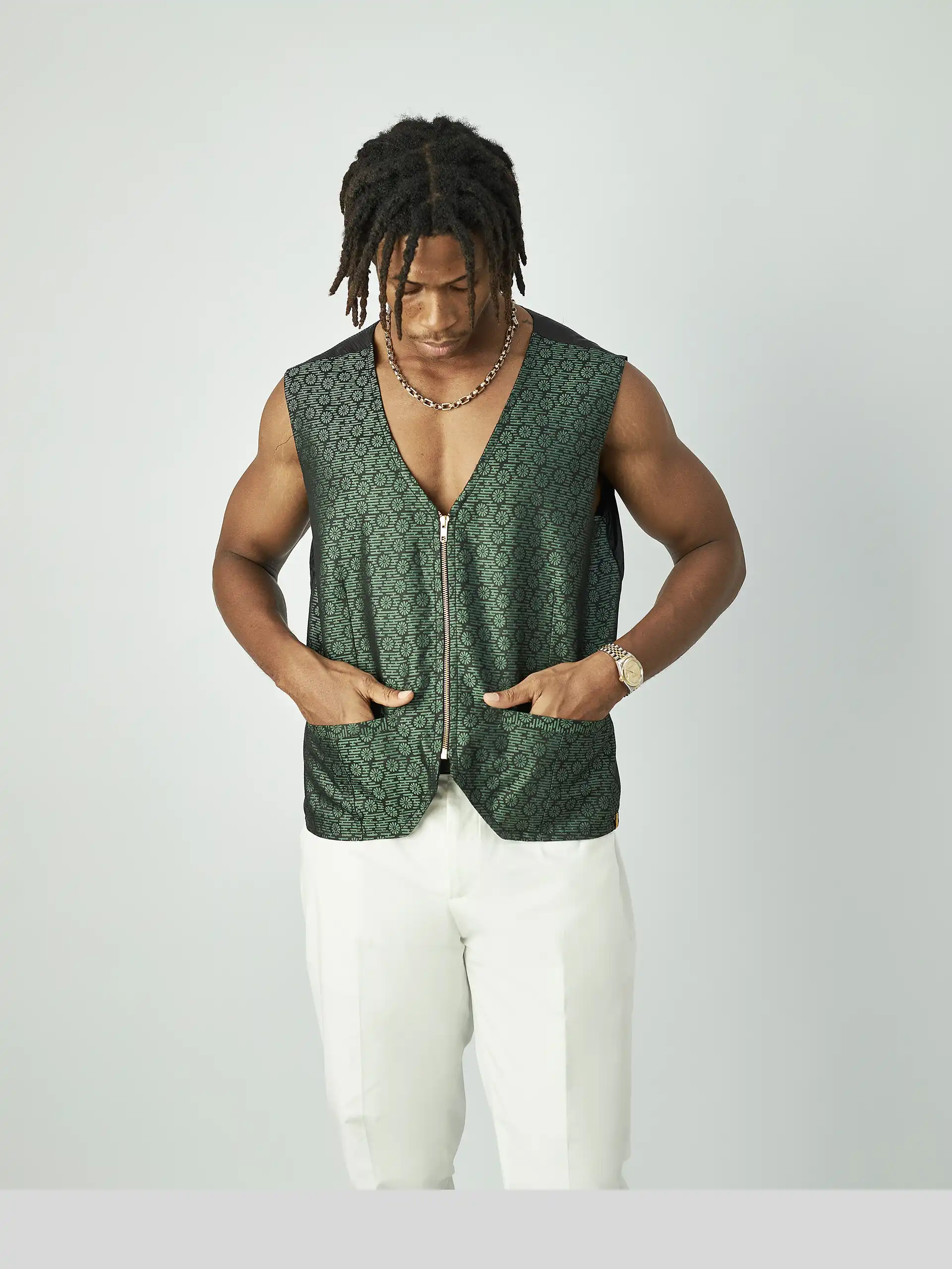 Revere Patterned Green Zipped Waistcoat